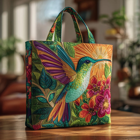 Colorful Hummingbird Flowers Quilted Tote