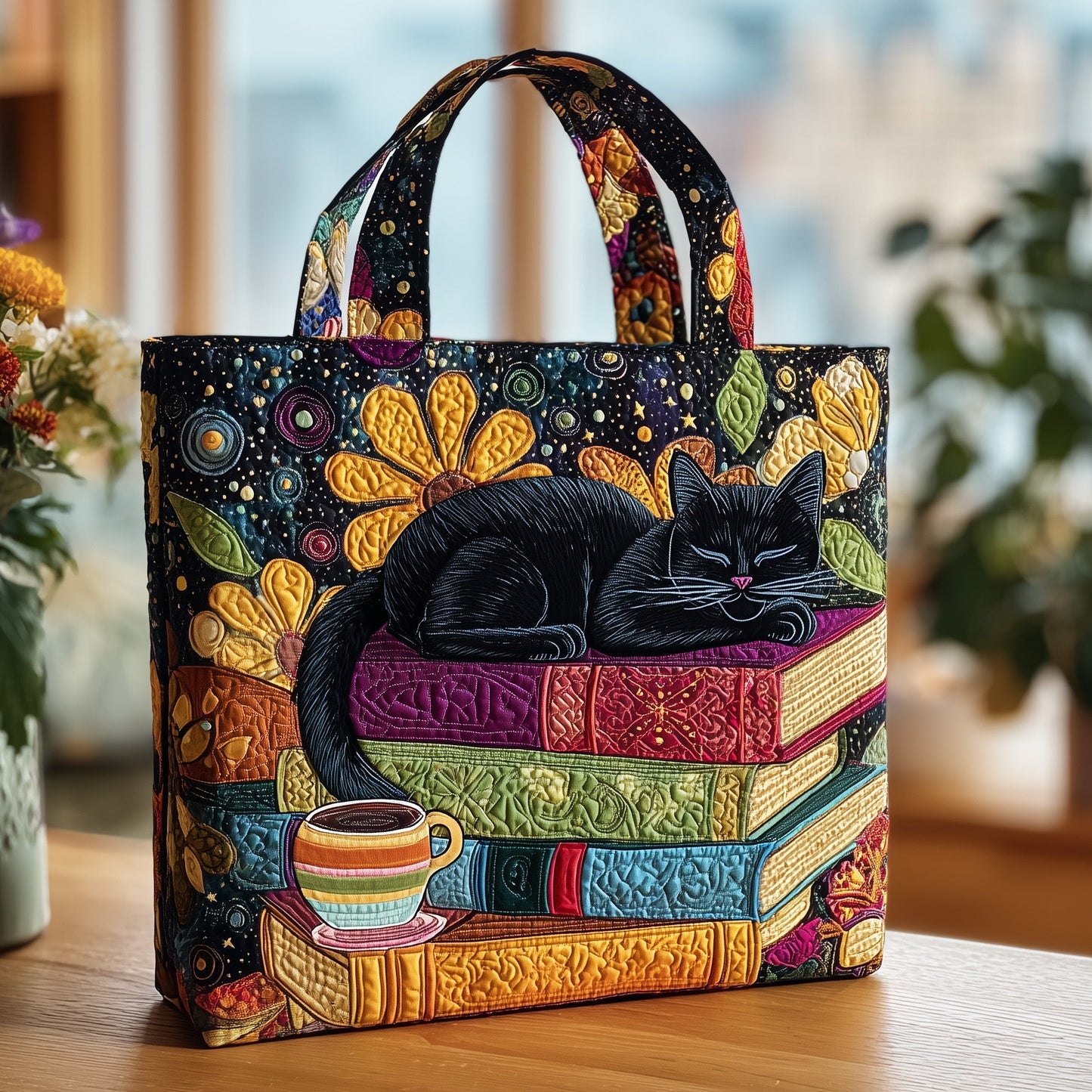 Black Cat Books Flowers Quilted Tote