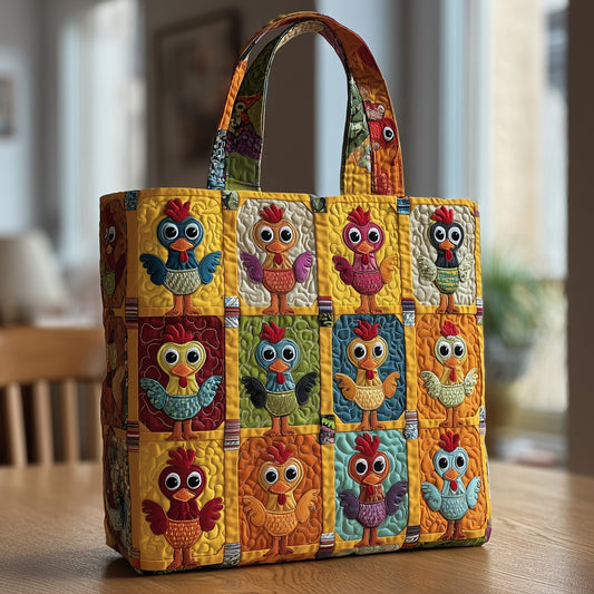 Playful Colorful Chickens Quilted Tote