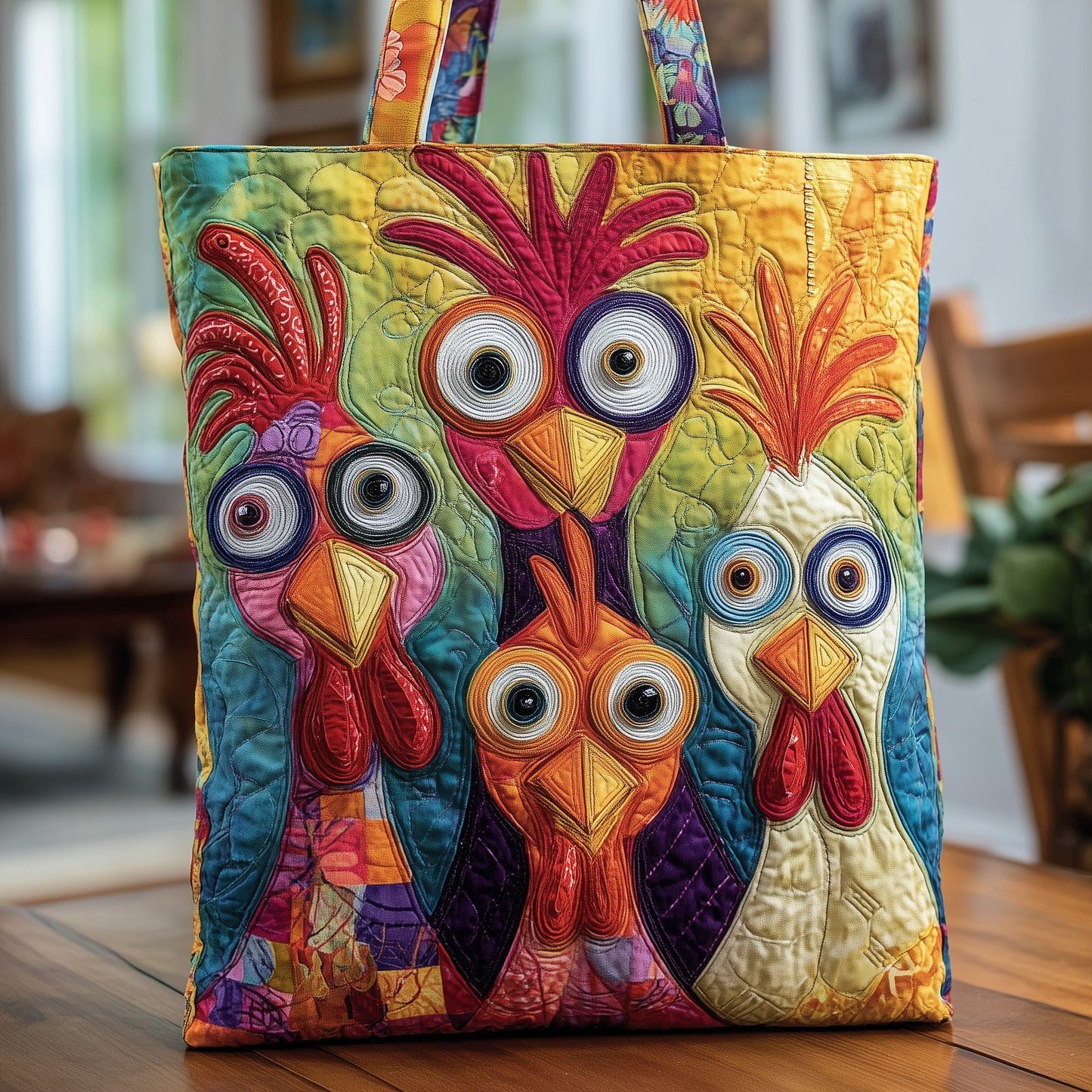 Colorful Chicken Artwork Quilted Tote