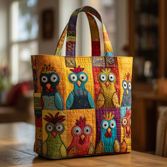 Colorful Chicken Illustrations Quilted Tote