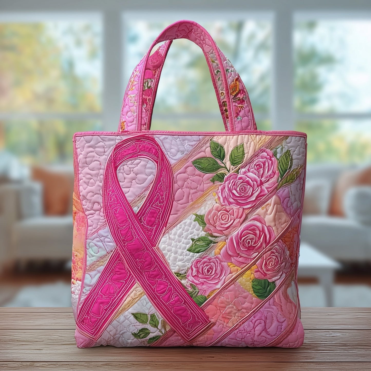 Pink Ribbon Roses Quilted Tote