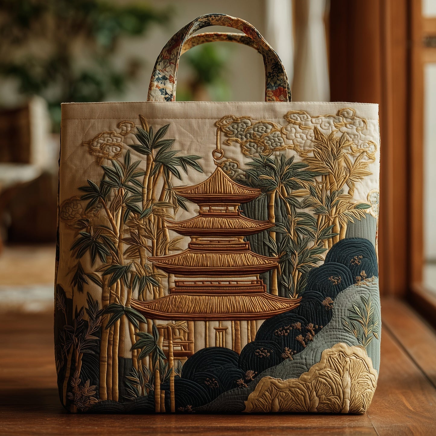 Japanese Pagoda Landscape Quilted Tote