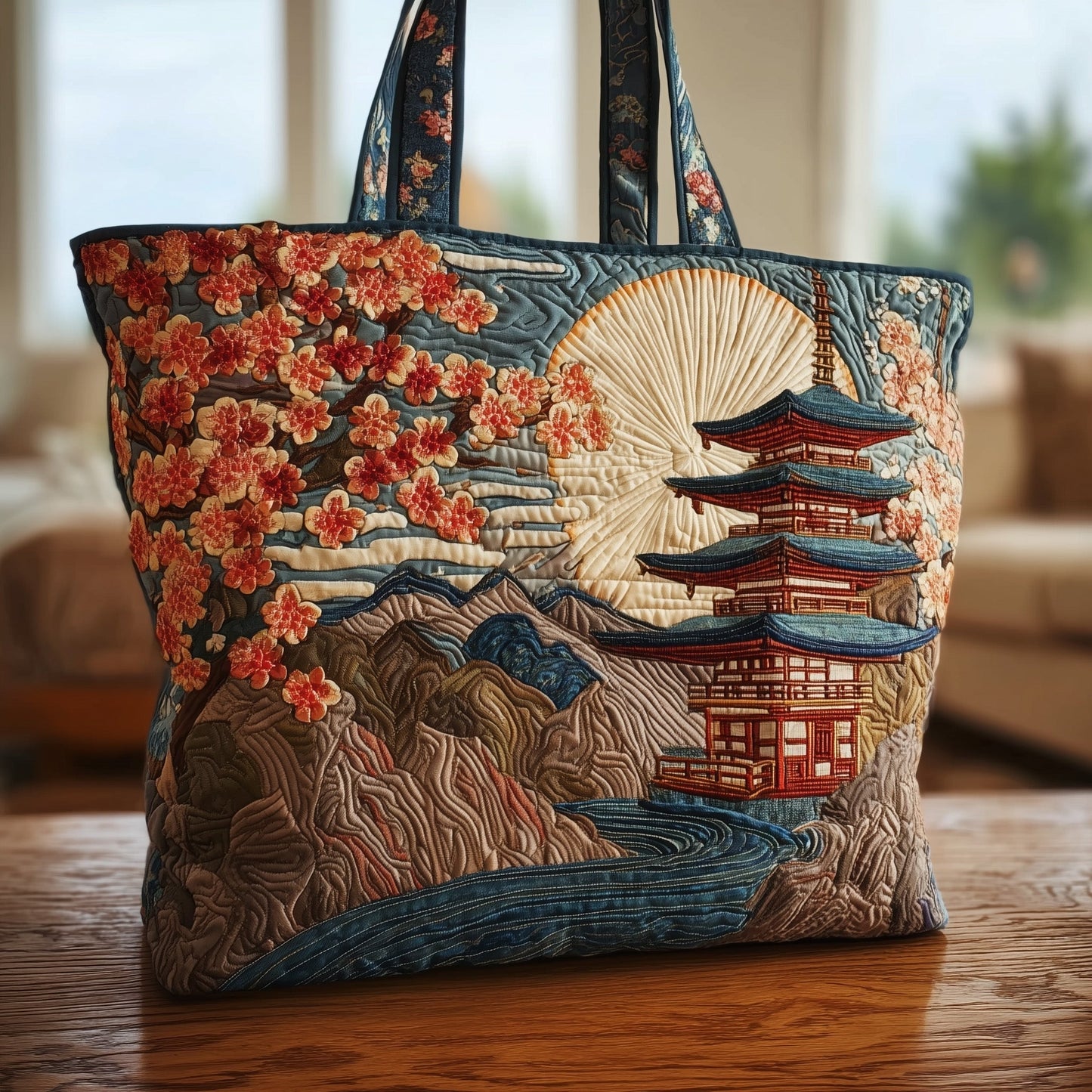 Japanese Pagoda Cherry Blossoms Quilted Tote