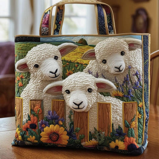 Sheep In Floral Field Quilted Tote