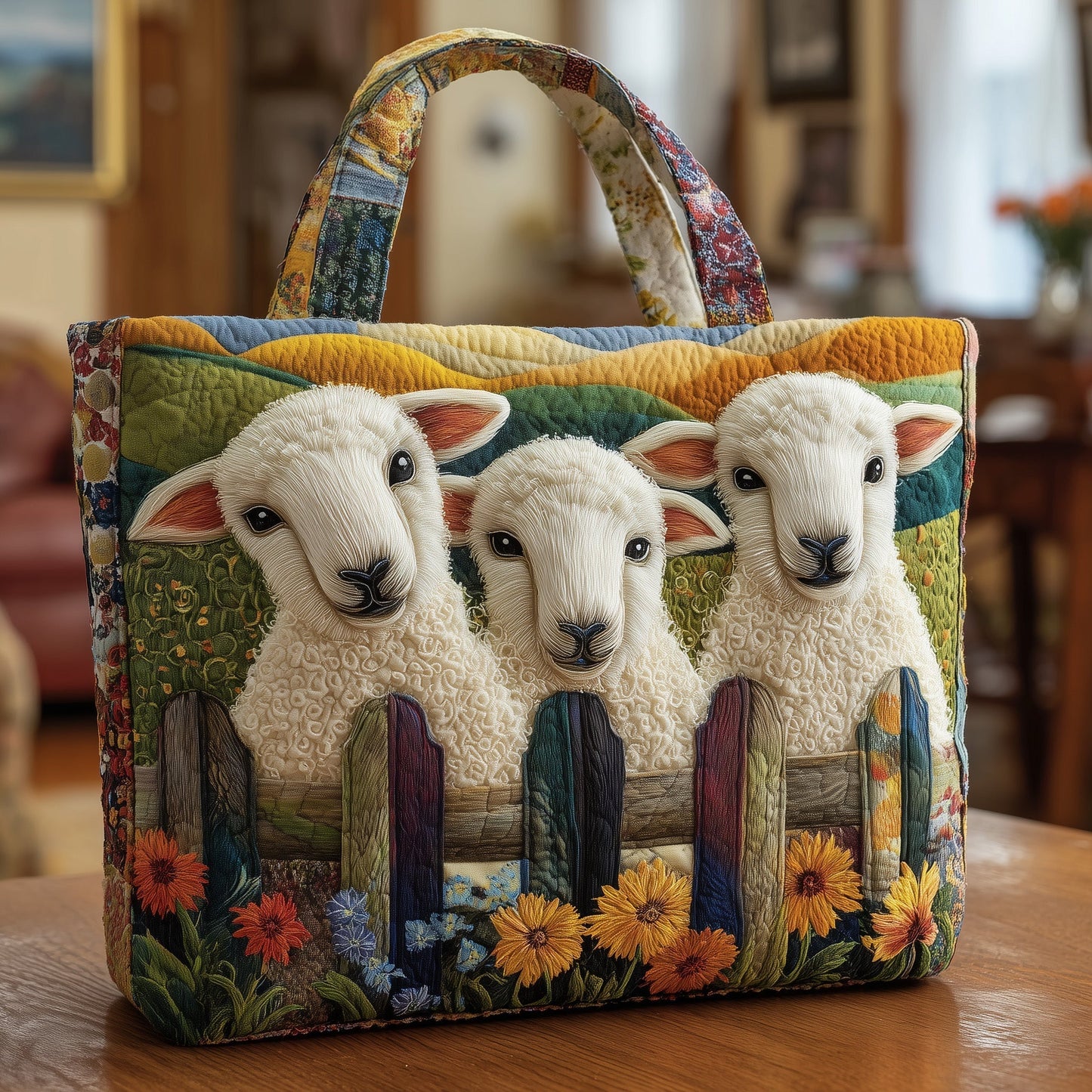 Three Sheep Flowers Quilted Tote