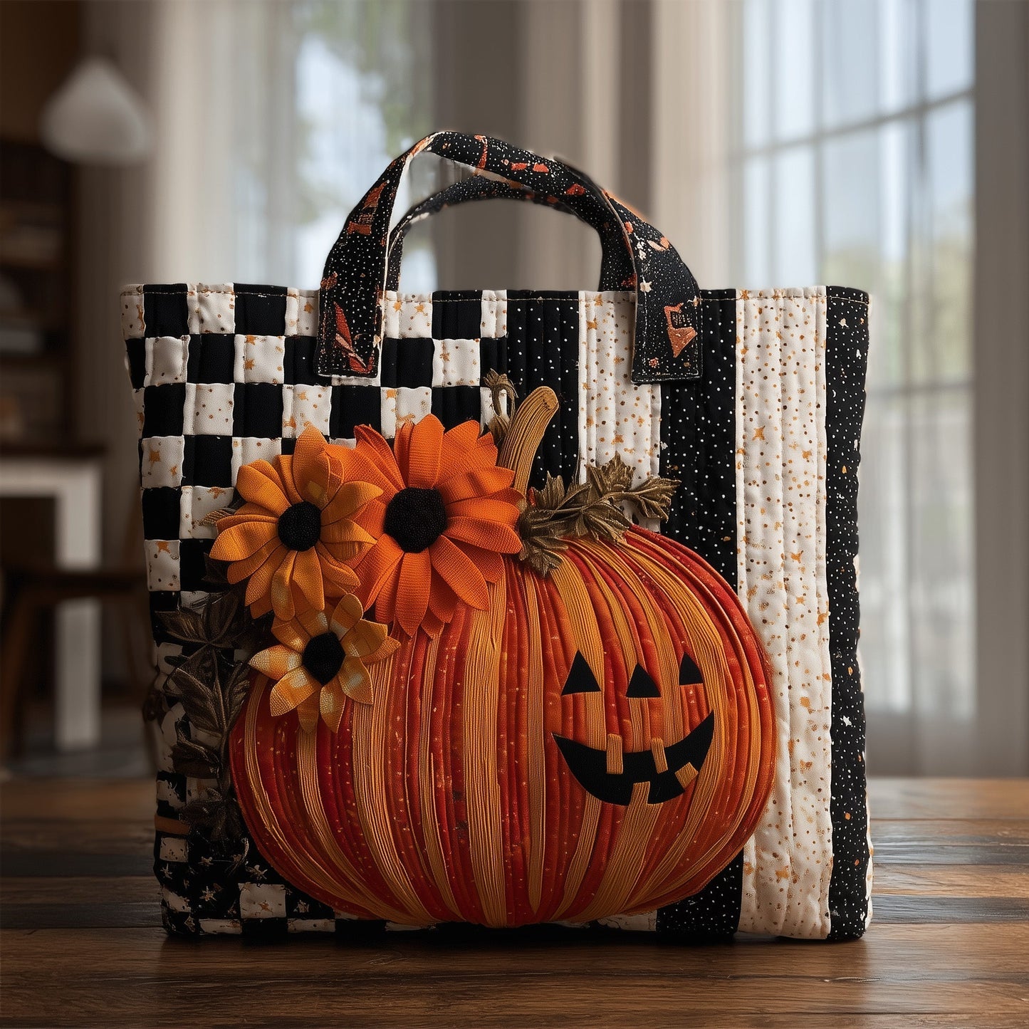 Everyday Pumpkin Flowers Quilted Tote