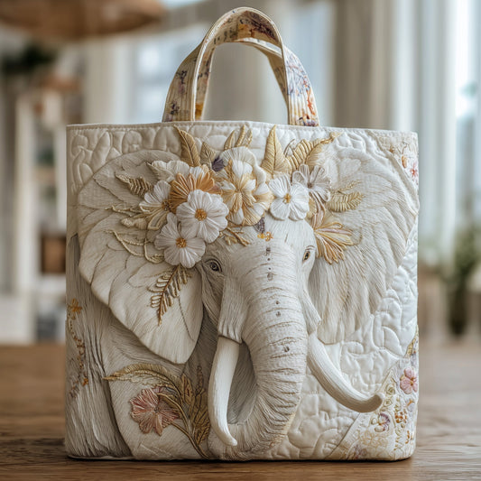 Elephant Floral Crown Quilted Tote