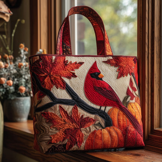 Cardinal Bird Leaves Quilted Tote