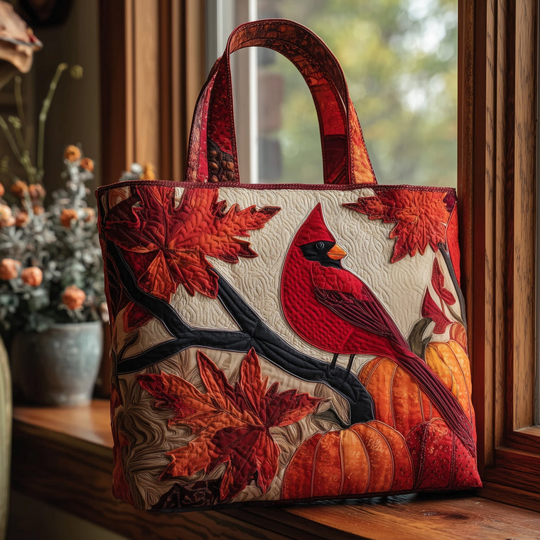 Cardinal Bird Leaves Quilted Tote