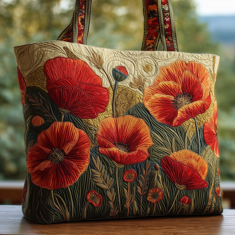Red Orange Poppies Quilted Tote