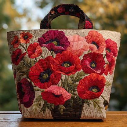 Red Poppies Bouquet Quilted Tote