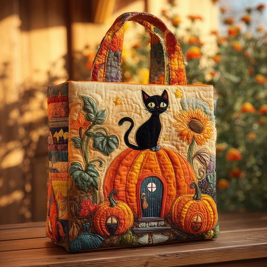 Black Cat Pumpkin Autumn Quilted Tote
