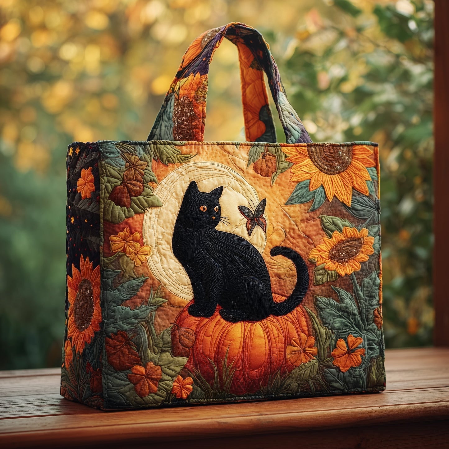 Black Cat Pumpkin Sunflowers Tote Bag
