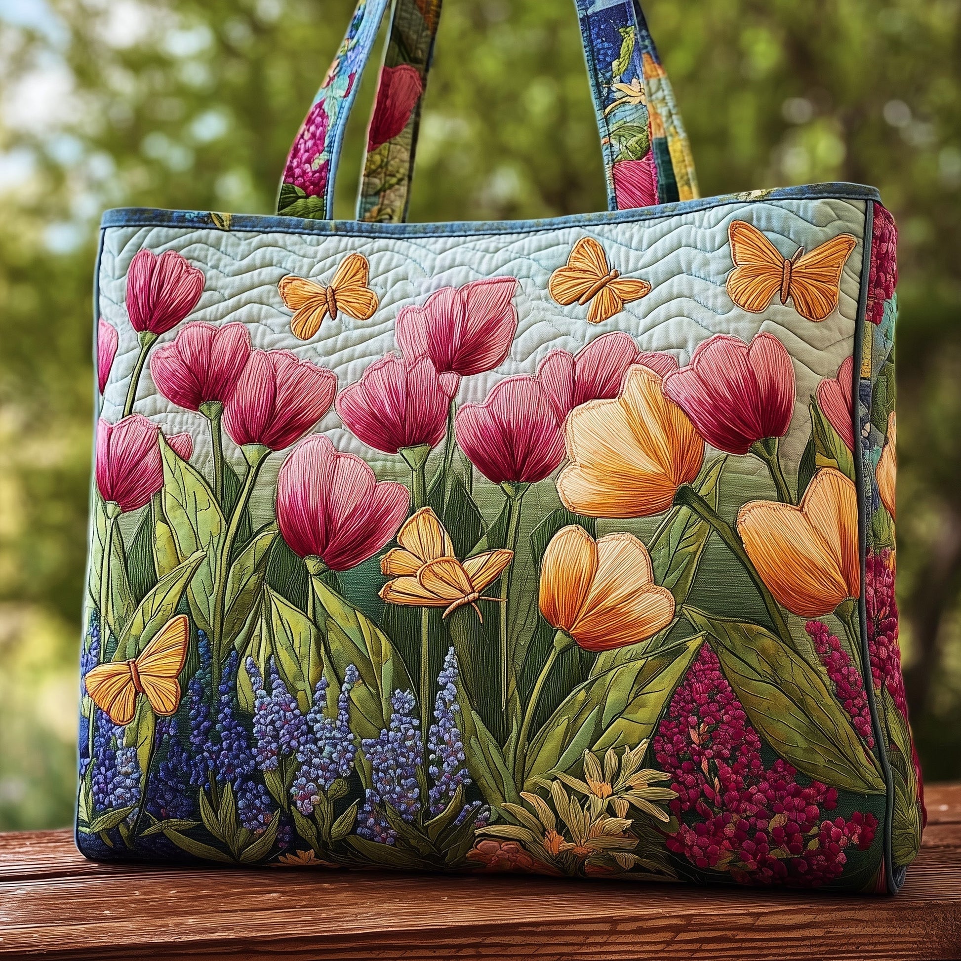 Everyday Tulips Butterflies Quilted Tote