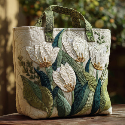 White Tulip Flowers Quilted Tote