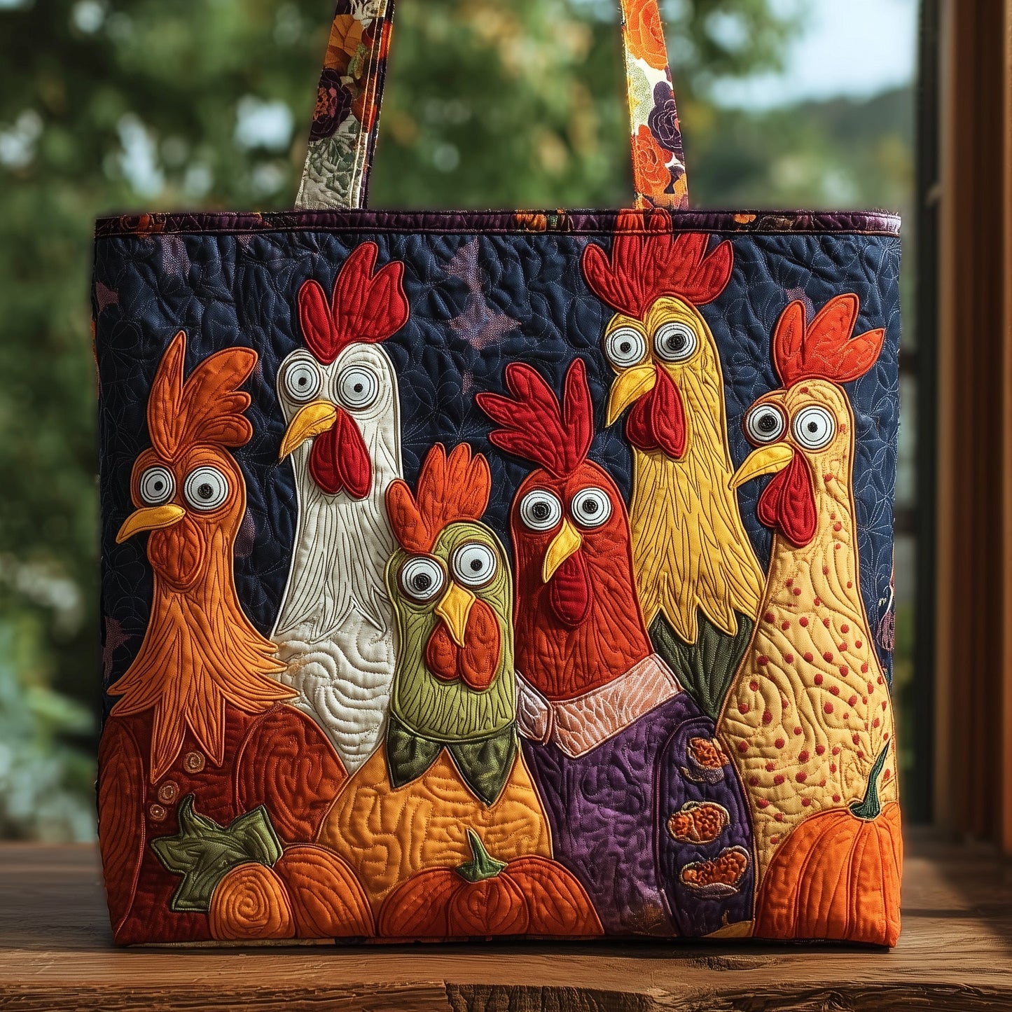 Whimsical Autumn Chicken Quilted Tote