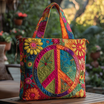 Peace Sign Flowers Quilted Tote