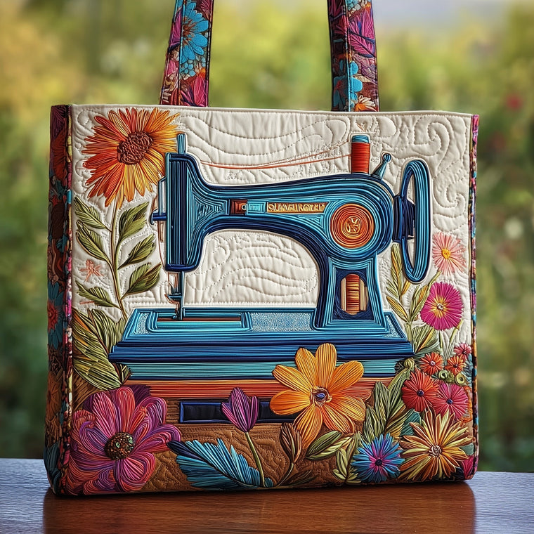 Vintage Sewing Machine Floral Quilted Tote