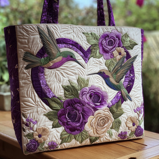 Hummingbirds Purple Roses Quilted Tote