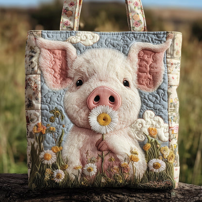Smiling Pig Flowers Quilted Tote