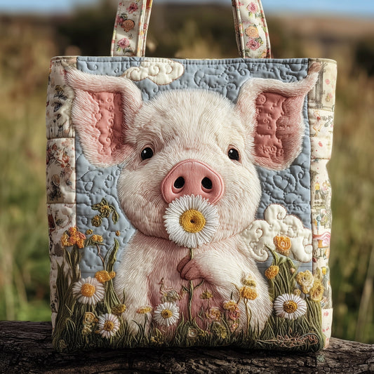 Smiling Pig Flowers Quilted Tote