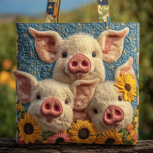 Cute Pigs Sunflowers Quilted Tote