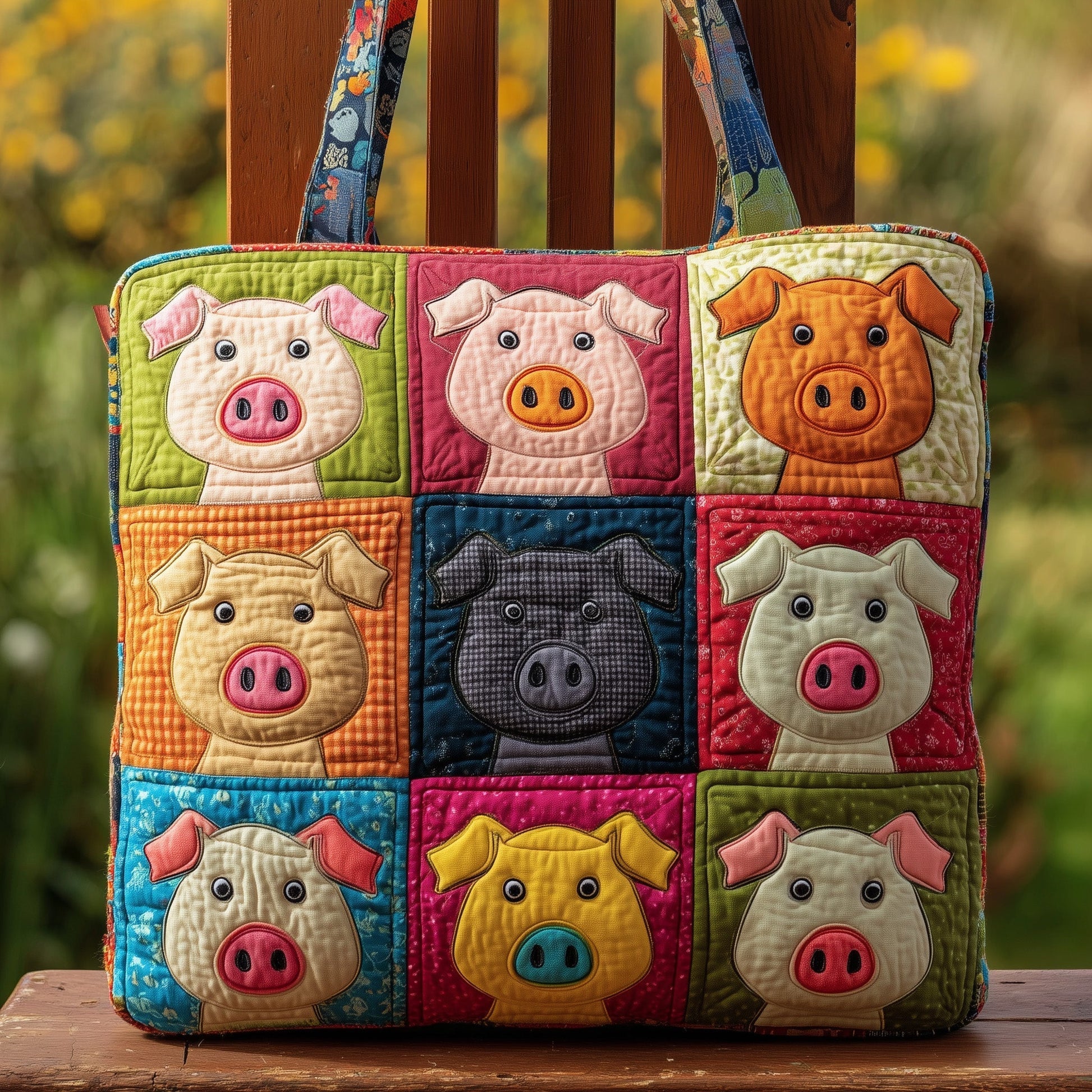 Colorful Pig Faces Quilted Tote