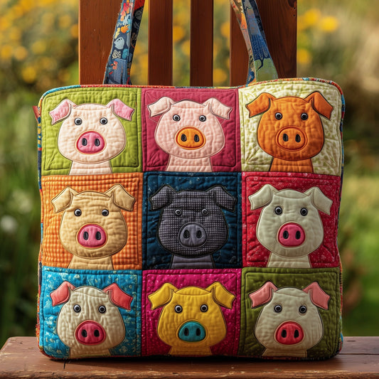 Colorful Pig Faces Quilted Tote