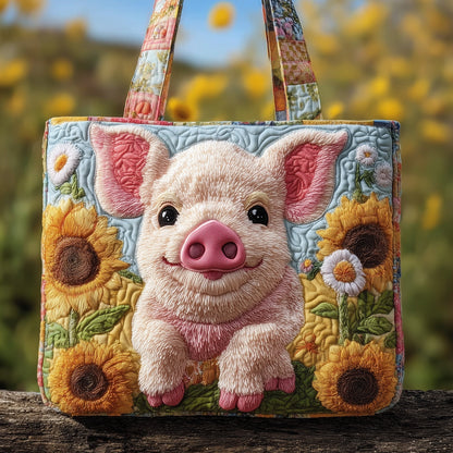 Smiling Pig Sunflowers Quilted Tote