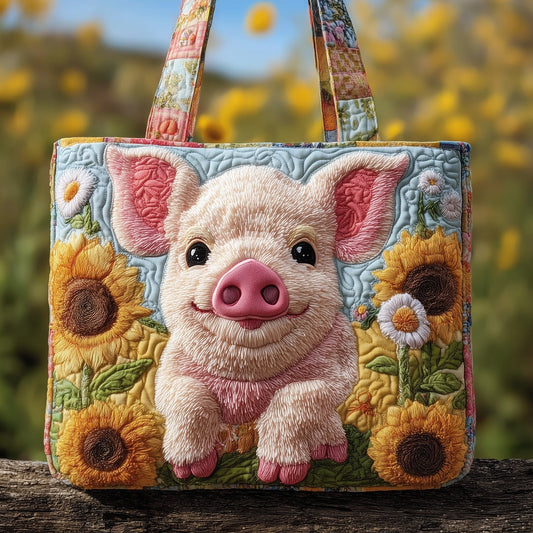 Smiling Pig Sunflowers Quilted Tote
