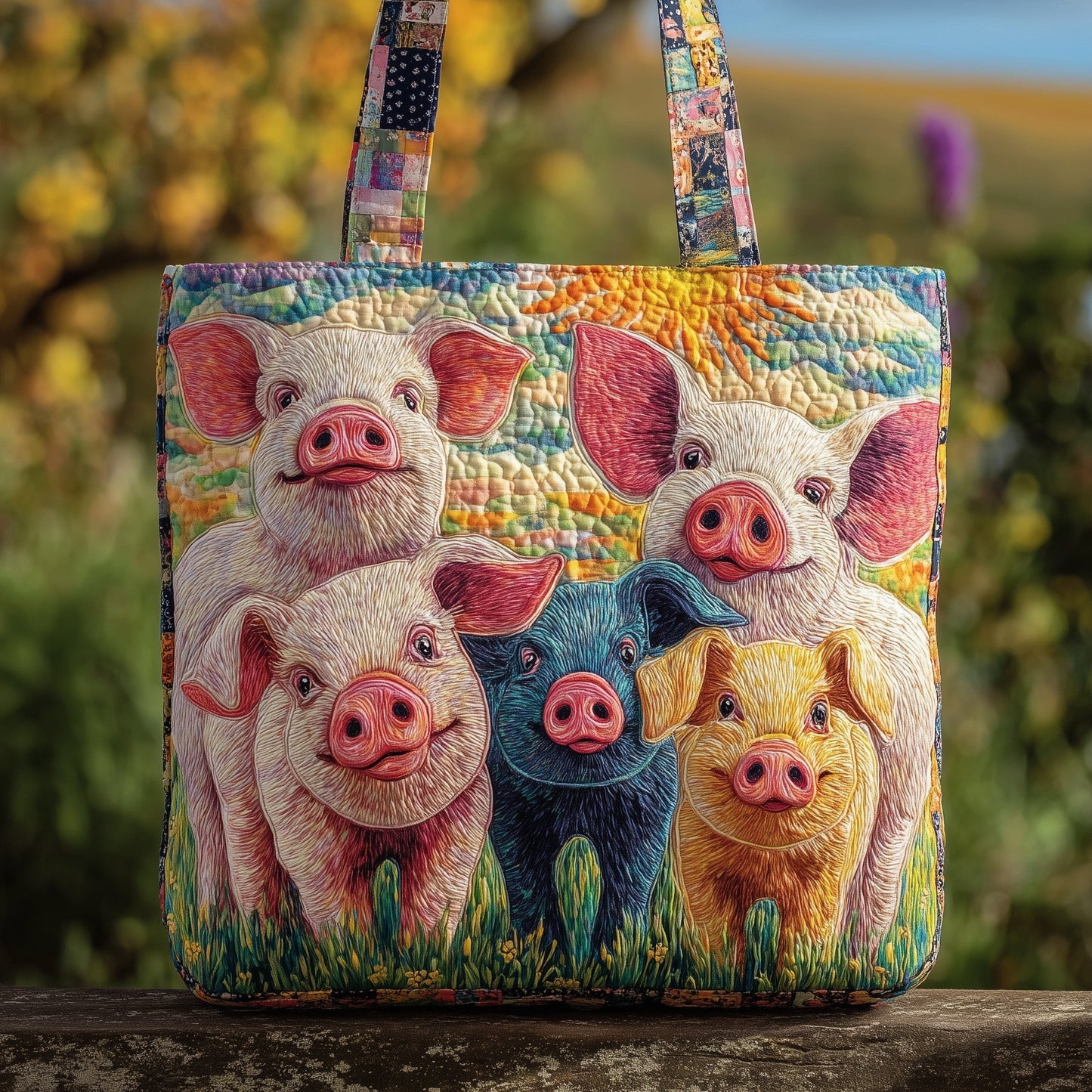 Happy Piglets Group Quilted Tote