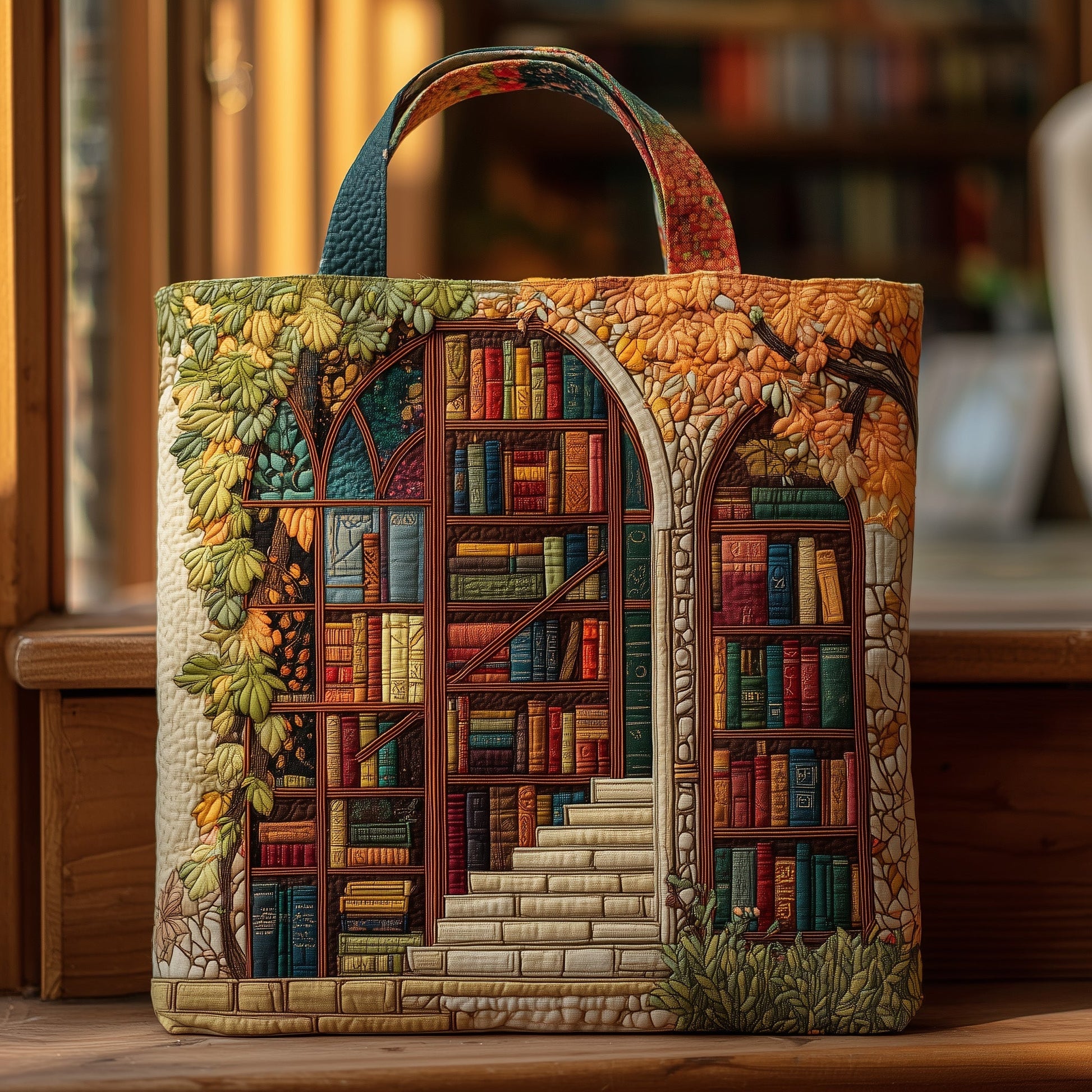 Bookshelf Fall Leaves Quilted Tote