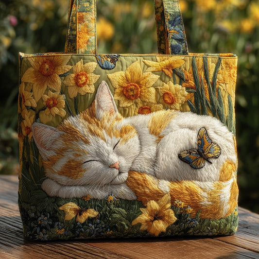 Sleeping Cat Daffodils Quilted Tote
