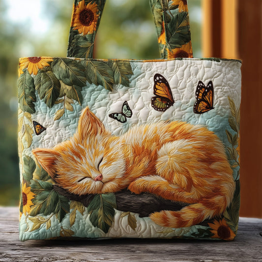 Sleeping Cat Flowers Quilted Tote