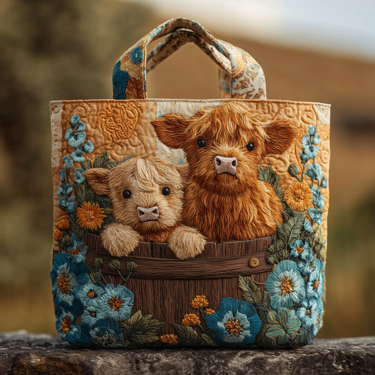Highland Cow Illustration Quilted Tote