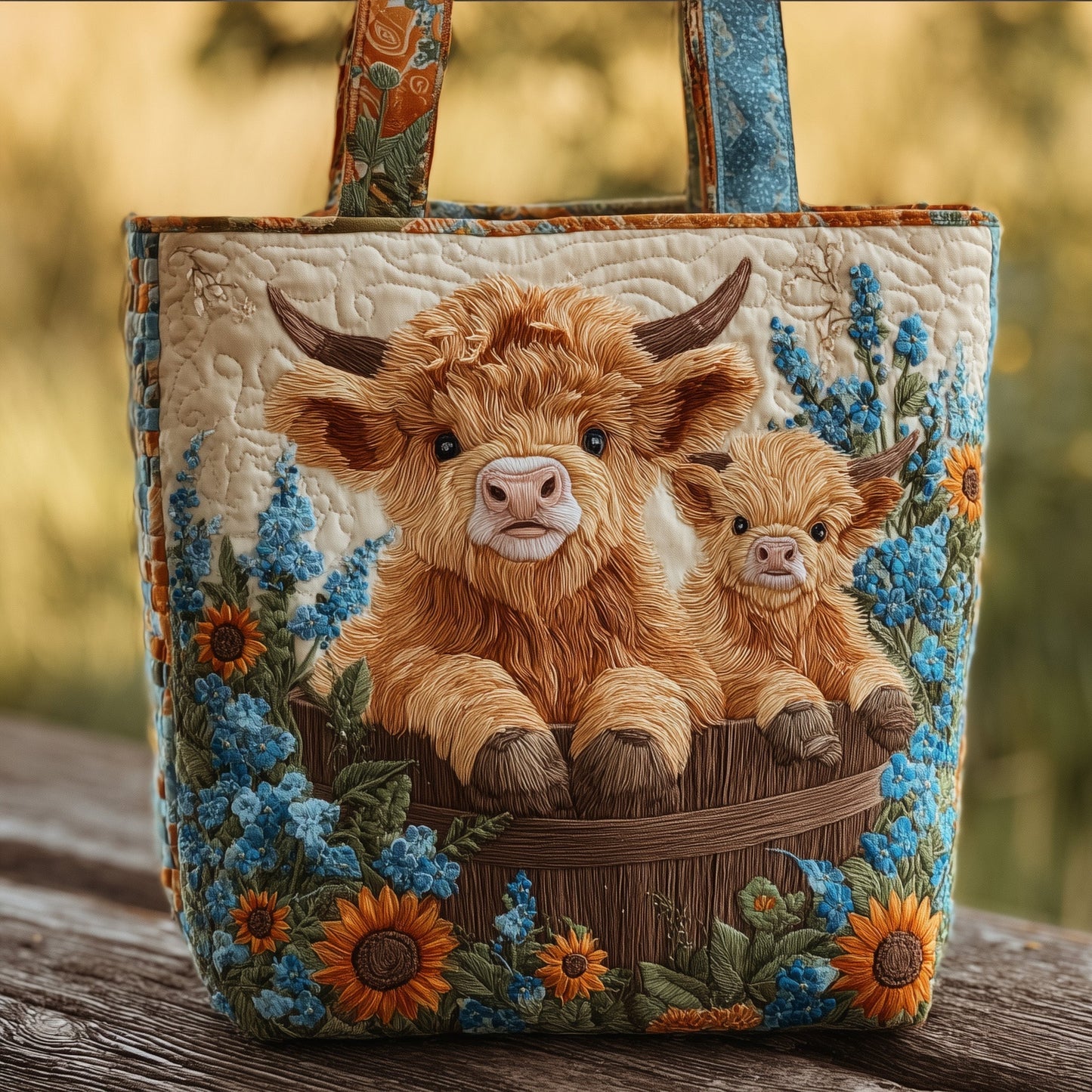Highland Cow Flowers Quilted Tote