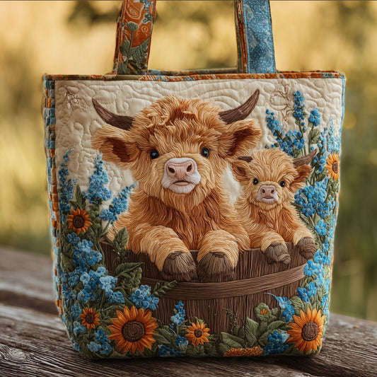 Highland Cow Flowers Quilted Tote