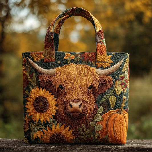 Highland Cow Sunflowers Quilted Tote