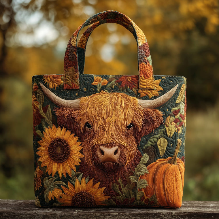 Highland Cow Sunflowers Quilted Tote