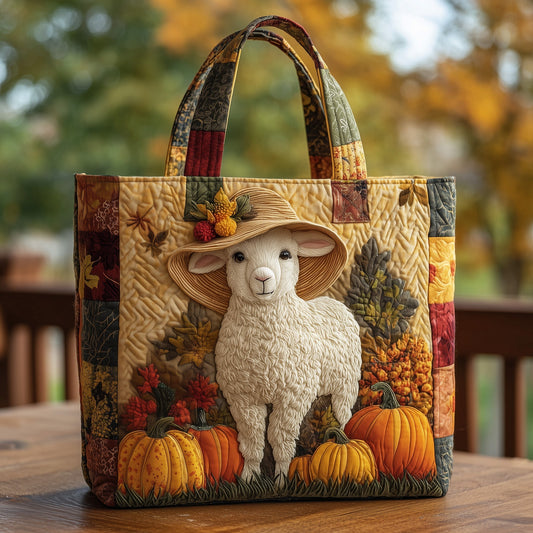 Lamb Fall Pumpkins Quilted Tote