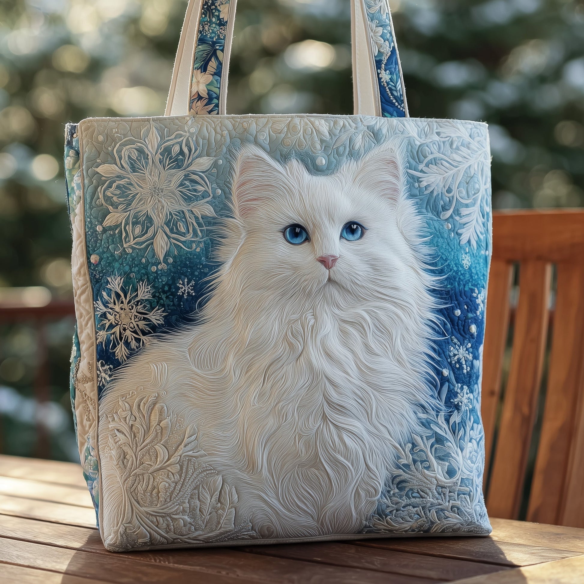 White Cat Snowflakes Quilted Tote