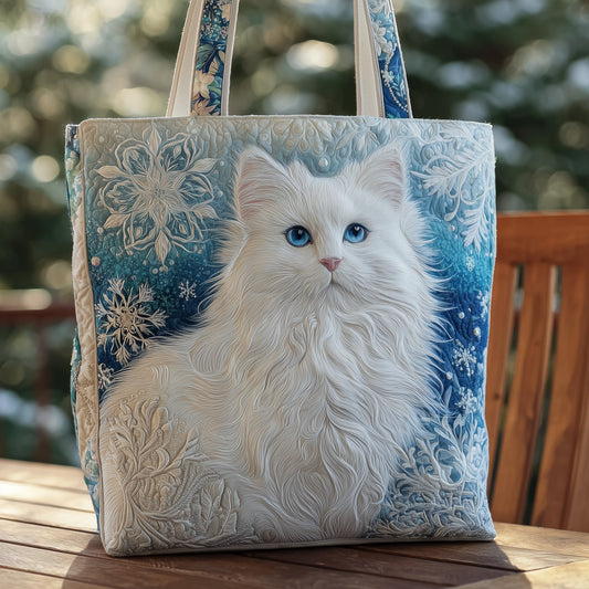 White Cat Snowflakes Quilted Tote
