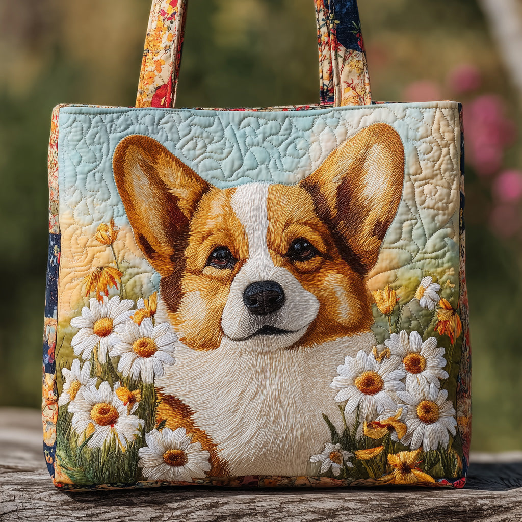 Corgi Dog Daisies Quilted Tote