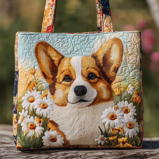 Corgi Dog Daisies Quilted Tote