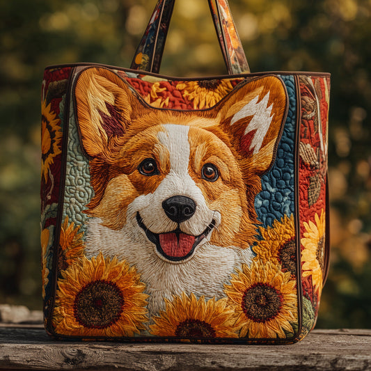 Corgi Dog Sunflowers Quilted Tote