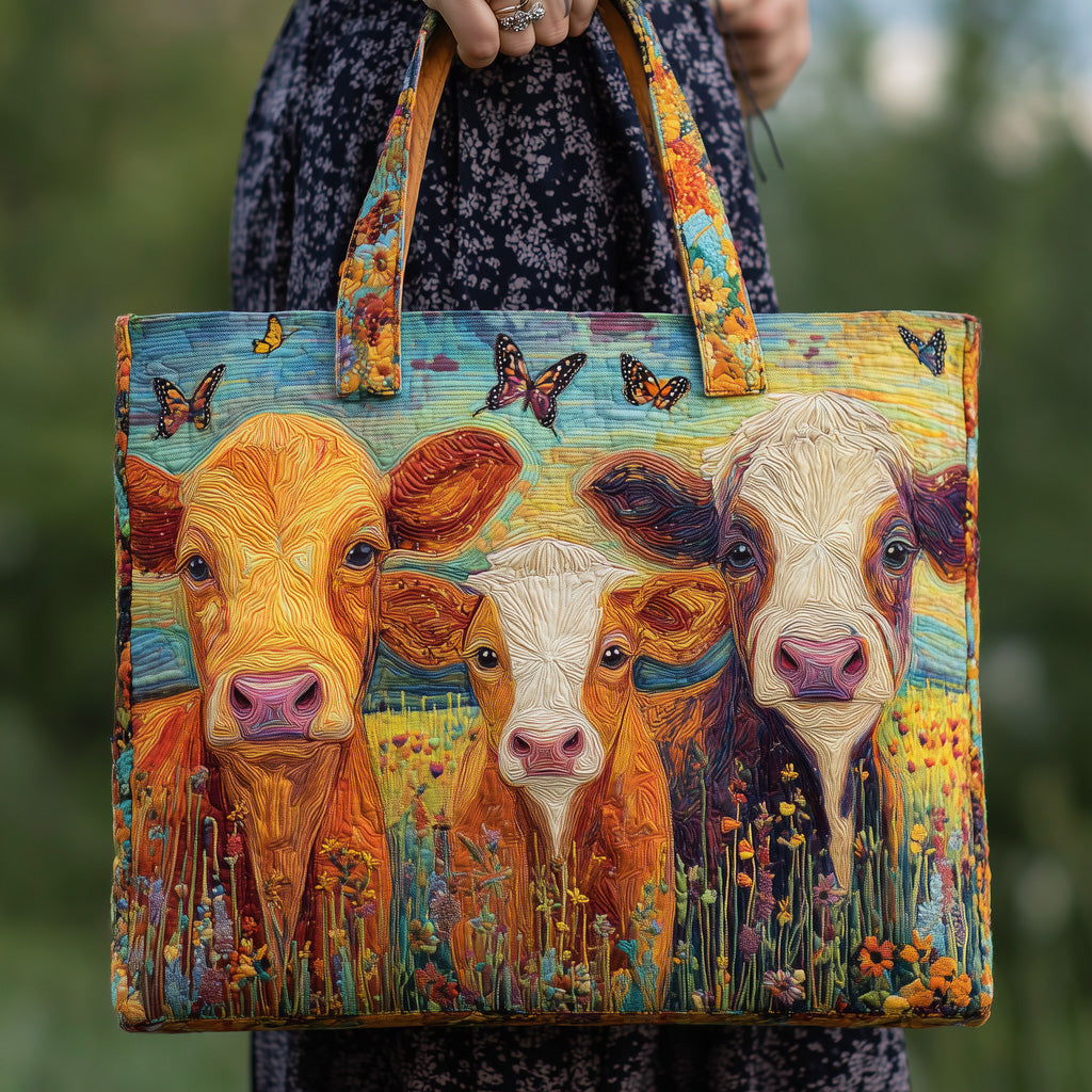 Three Colorful Cows Quilted Tote