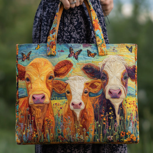 Three Colorful Cows Quilted Tote