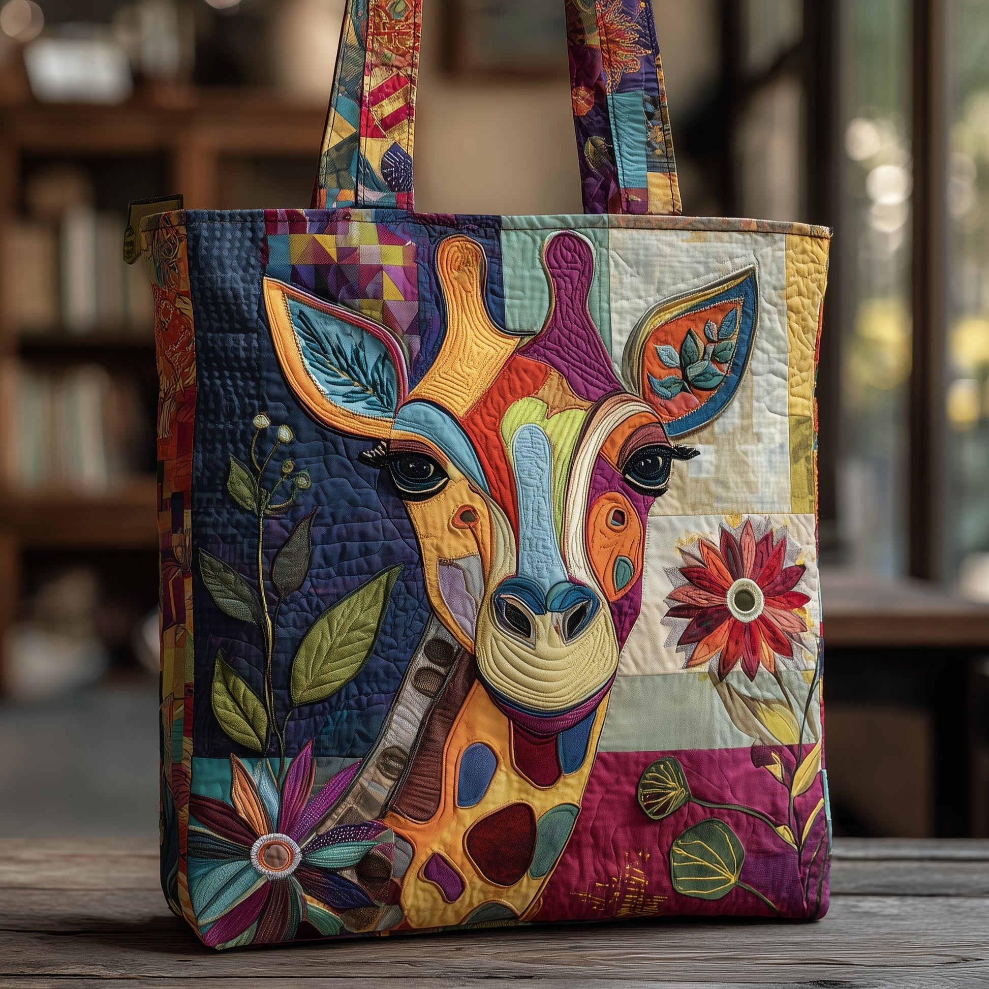 Colorful Giraffe Artwork Quilted Tote