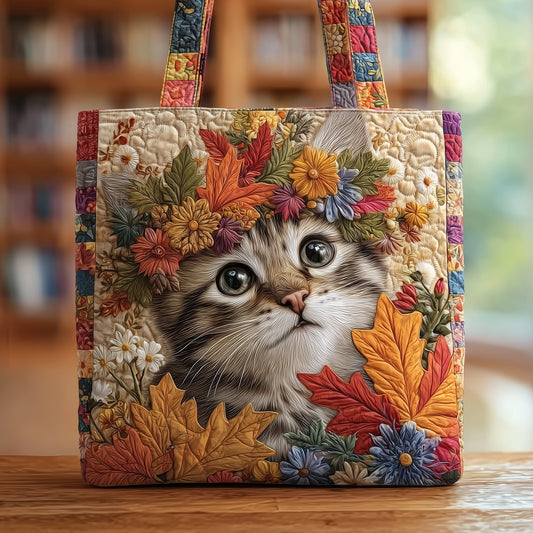 Cat Fall Leaves Quilted Tote